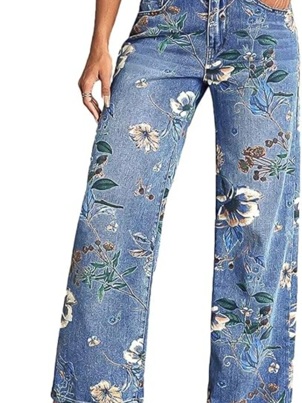 NWT Flamingals Mid Blue Cream Floral Print Jeans Sz XL